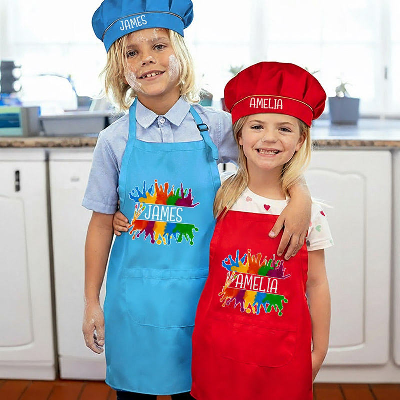 Personalized Vibrant Paint Splash Kids Art Apron Art Party Apron Chef Hat Set with Name Cooking Handcraft Activities Birthday Holiday Gift for Kids
