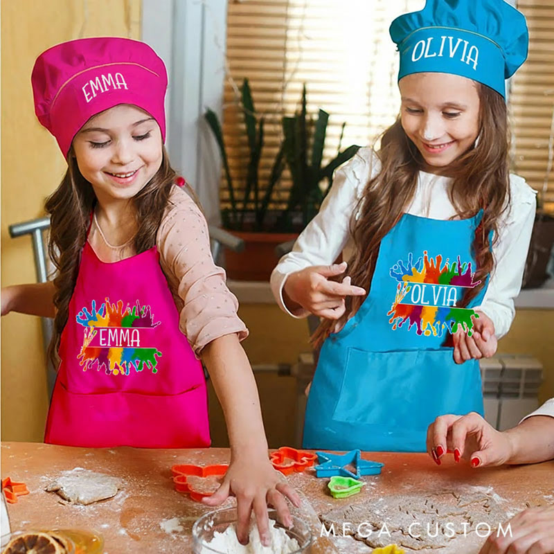 Personalized Vibrant Paint Splash Kids Art Apron Art Party Apron Chef Hat Set with Name Cooking Handcraft Activities Birthday Holiday Gift for Kids
