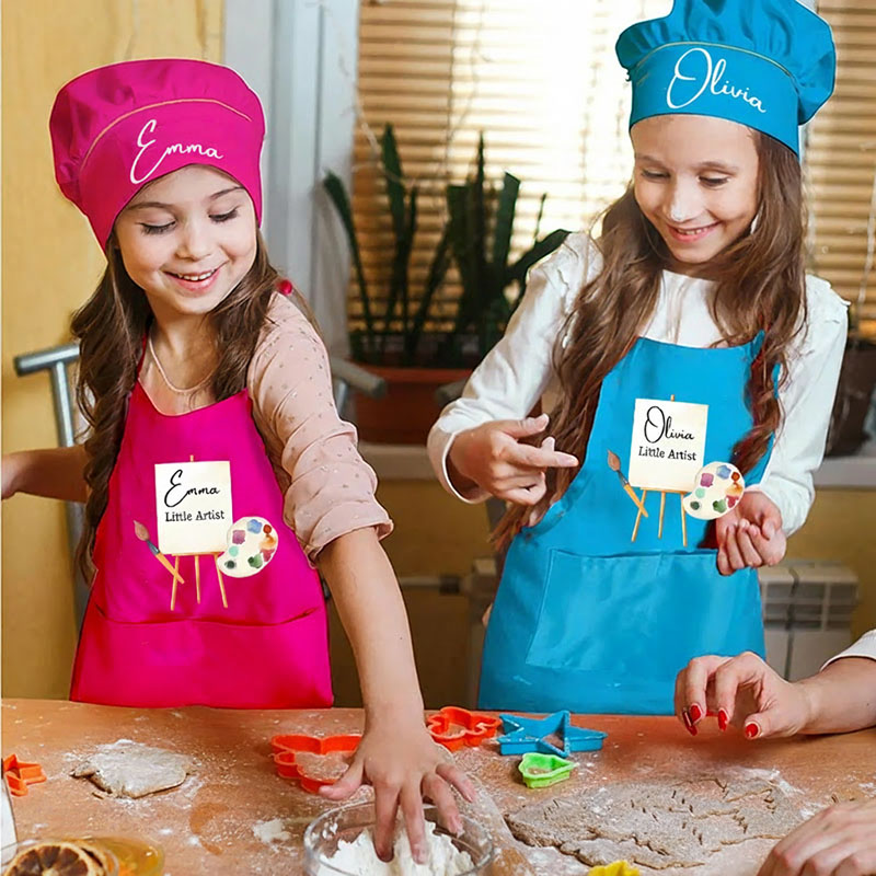 Personalized Little Artist Kids Art Apron Art Party Apron Chef Hat Set with Name Cooking Handcraft Activities Birthday Holiday Gift for Kids