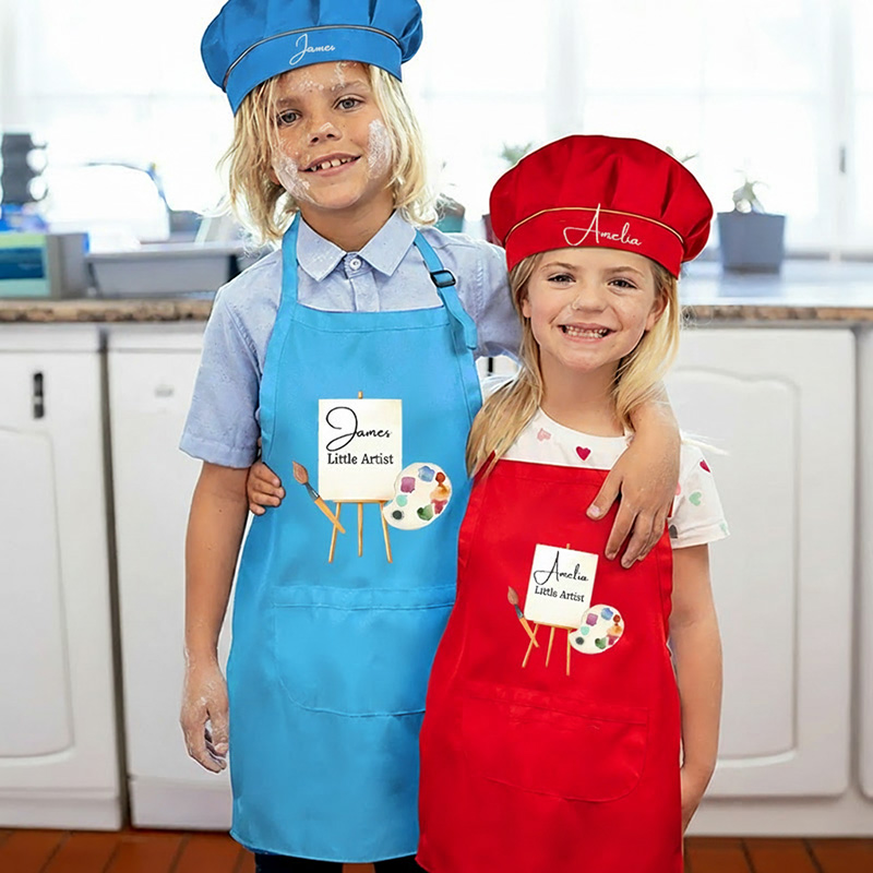 Personalized Little Artist Kids Art Apron Art Party Apron Chef Hat Set with Name Cooking Handcraft Activities Birthday Holiday Gift for Kids