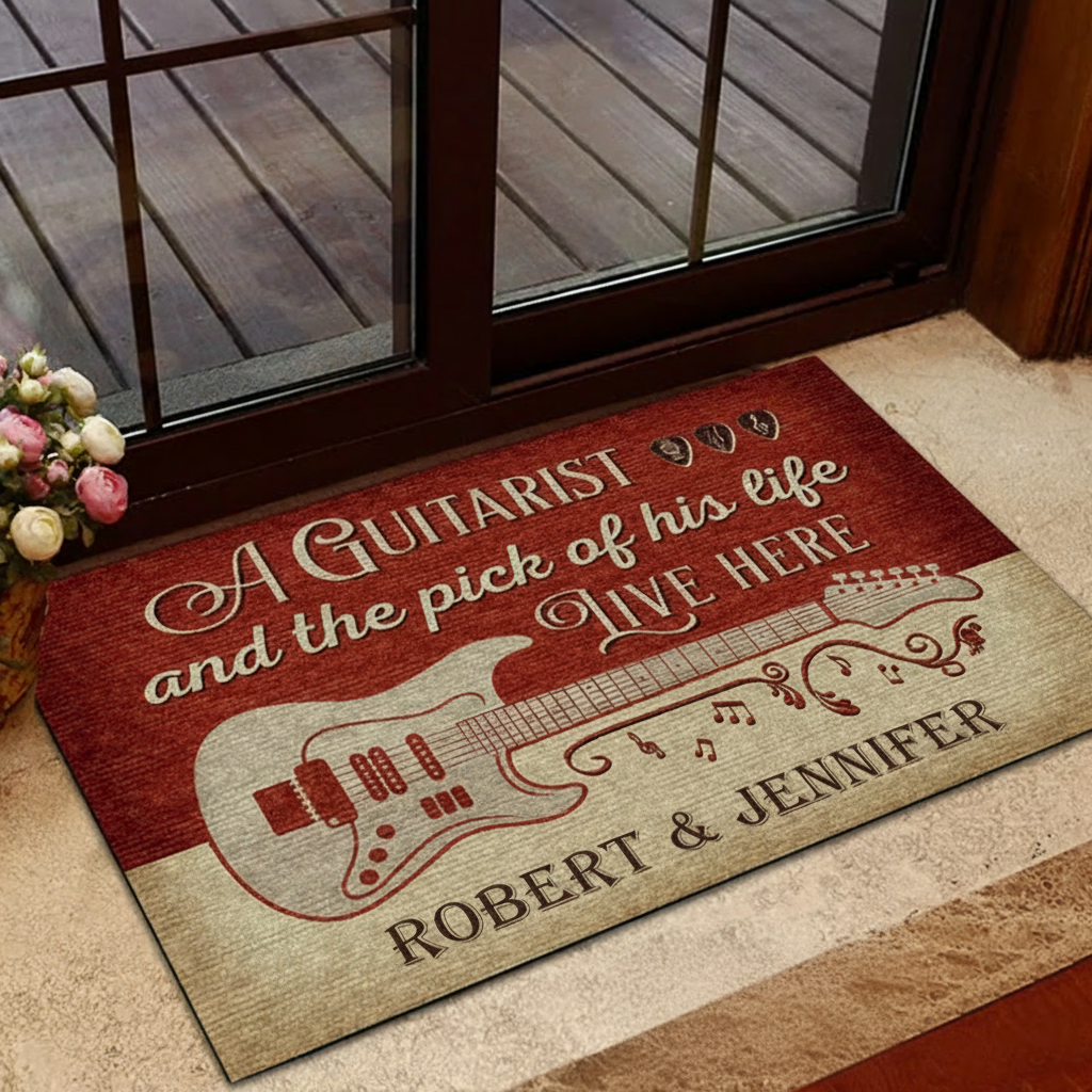 Personalized Guitar Red Old Couple Live Here Customized Doormat