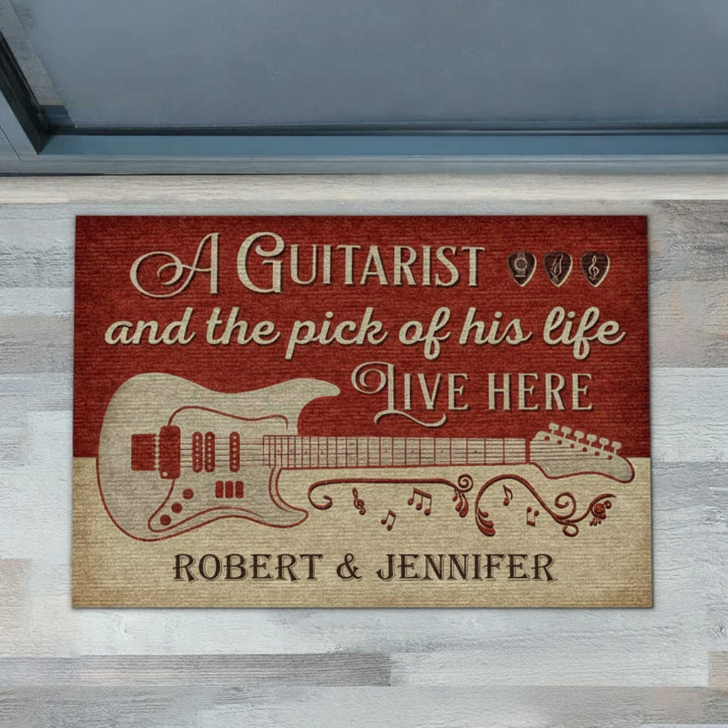Personalized Guitar Red Old Couple Live Here Customized Doormat