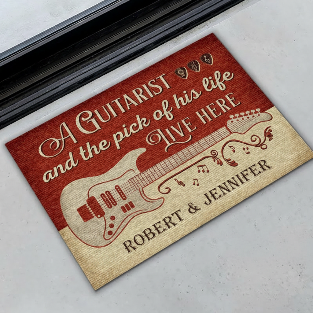 Personalized Guitar Red Old Couple Live Here Customized Doormat