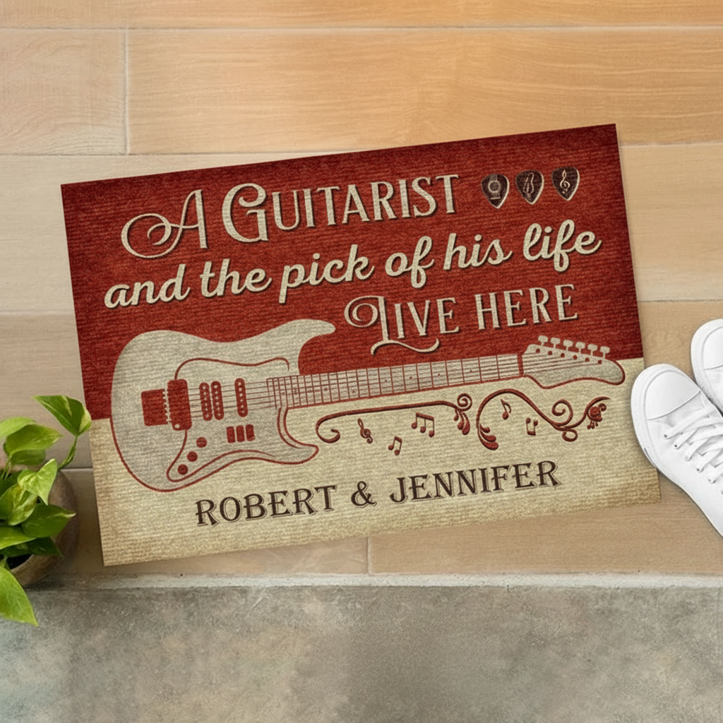 Personalized Guitar Red Old Couple Live Here Customized Doormat