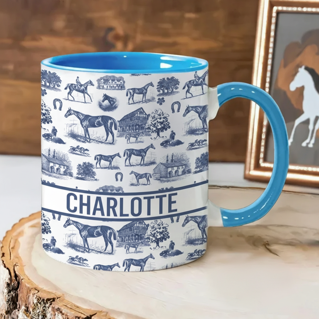 Personalized Multicolor Equestrianism Pattern Ceramic Coffee Mug with Text Anniversary Birthday Gift for Equestrians Cowgirls