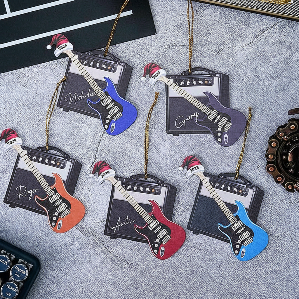 Personalized 3D Effect Retro Guitar Amp Santa Hat Ornament with Name and Year Holiday Decor Christmas Gift for Guitarists Guitar Lovers