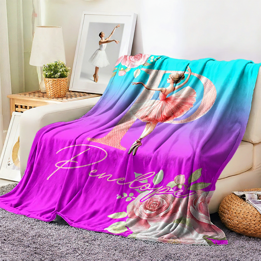Personalized Rose Cartoon Ballerina Girl Blanket Flannel Blanket Ballet Lover Blanket with Name for Dance Lovers Dance Team Birthday Gift for Girls