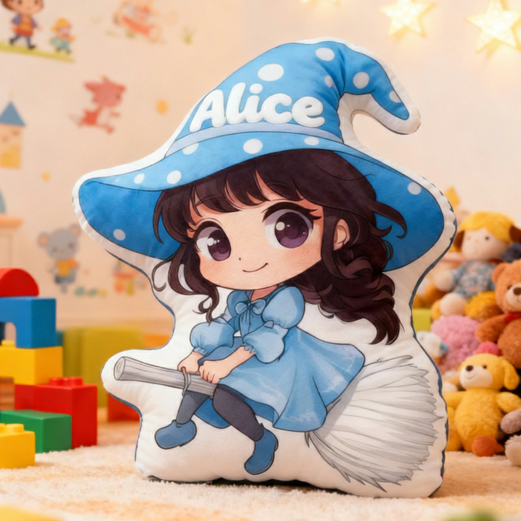 Personalized Graphic 3D Print Magic Witch Pillow with Your Name Soft Stuffed Toy for Kids Unique Decorative Cushion for Girls' Room