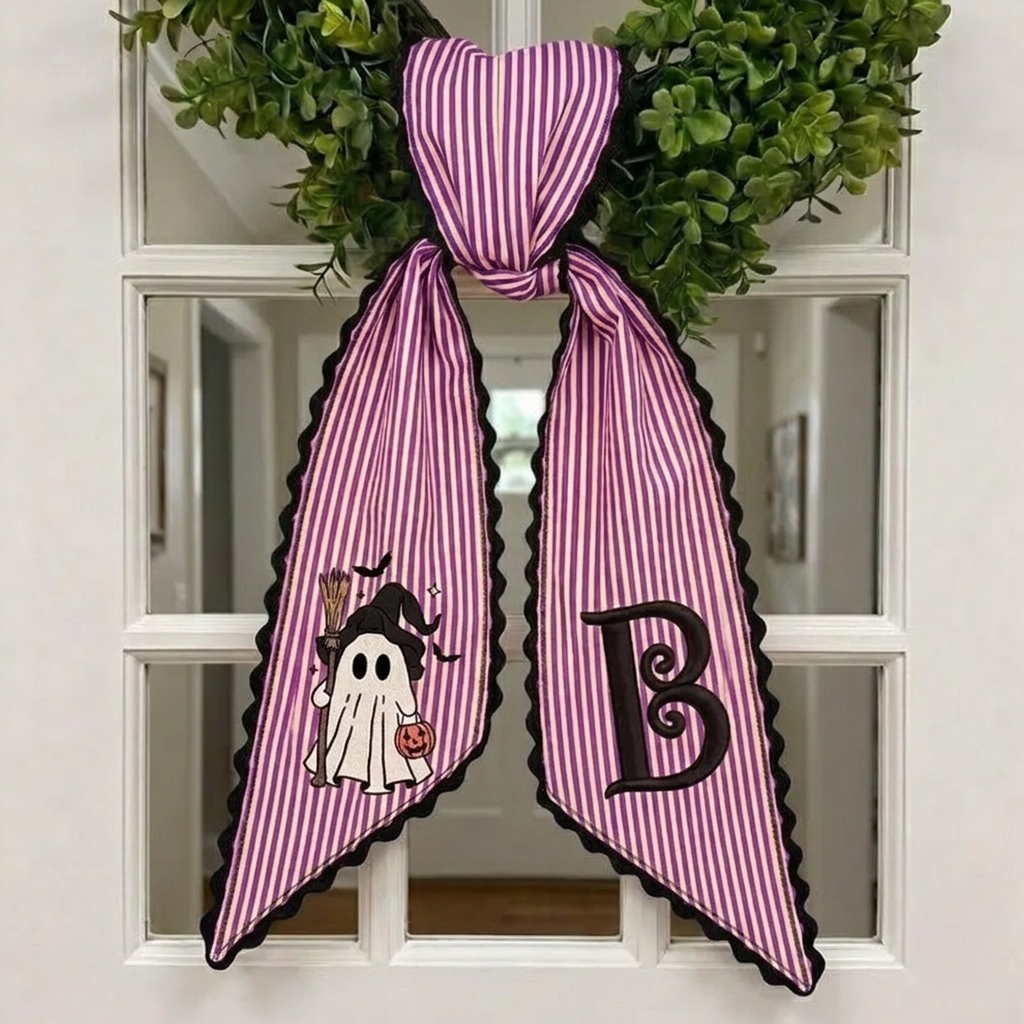 Personalized Embroidered Witch Ghost Halloween Wreath Sash Ghost Monogram Ribbon Themed Spooky Fall Decor Design Custom Initial For Door Halloween Wreath Sash