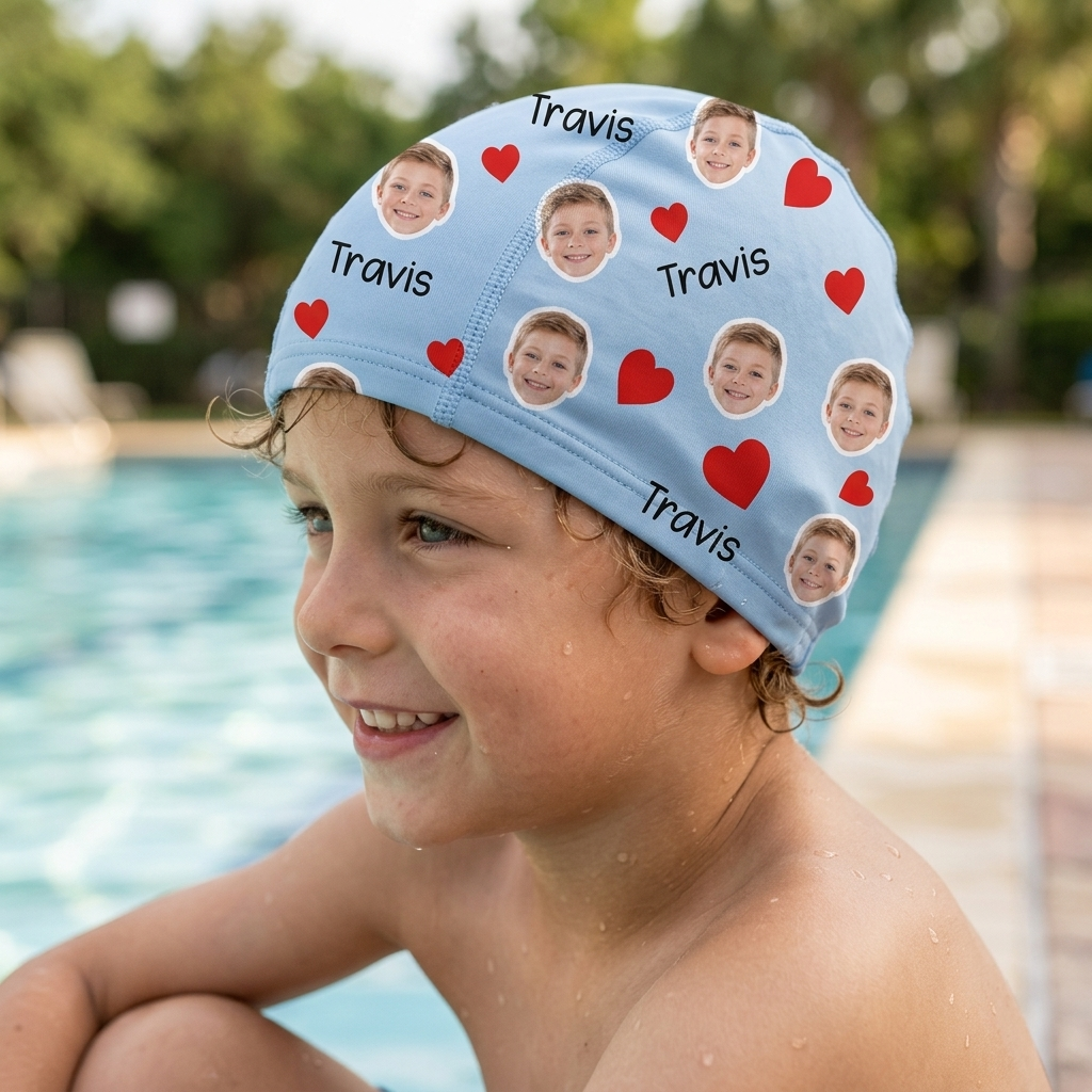 This custom swimming cap supports personalized printing featuring face portraits or pet portraits, hearts, paw prints, and custom names. The funny and colorful pattern creates a distinctive look when swimming at the pool or seaside. The vivid print mainta