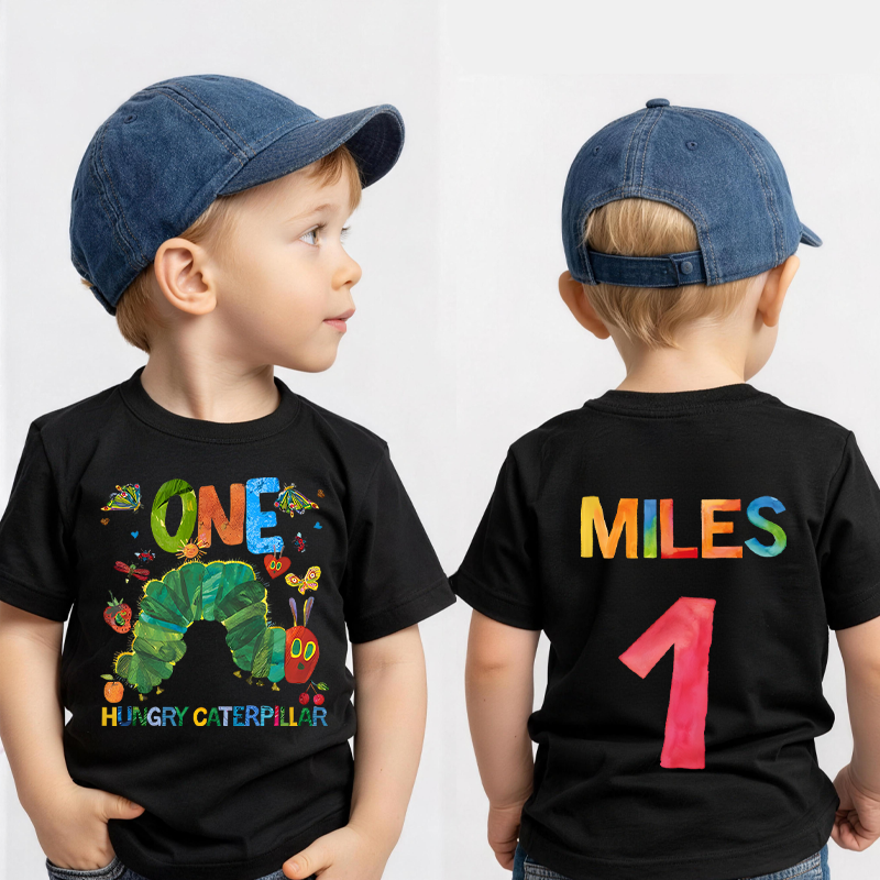 Personalized Colorful Name Age Print Cute Baby Outfit Fun Celebration Party Outfit Soft Cotton Toddler Tee Personalized Hungry Caterpillar First Birthday Shirt