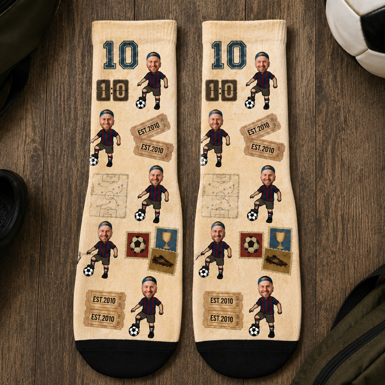Personalized Soccer Player Photo Socks with Custom Face, Jersey Number and EST Year Design