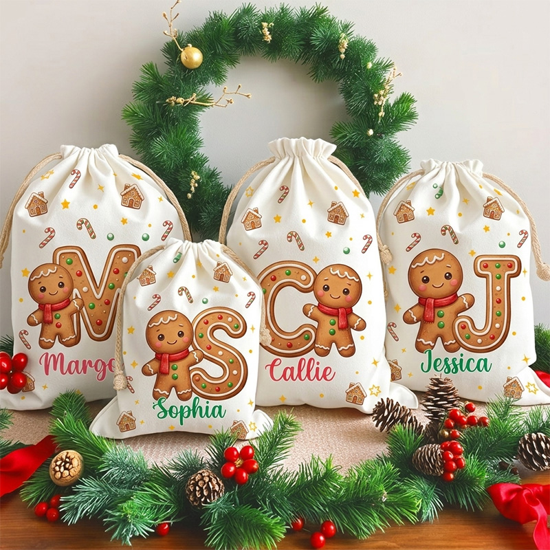 Personalized Christmas Gift Bags Custom Name Gingerbread Alphabet Santa Sack Holiday Present Storage