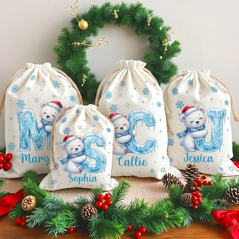 Personalized Christmas Gift Sack Custom Name Snow Bear Alphabet Santa Bag Holiday Present Storage For Kids