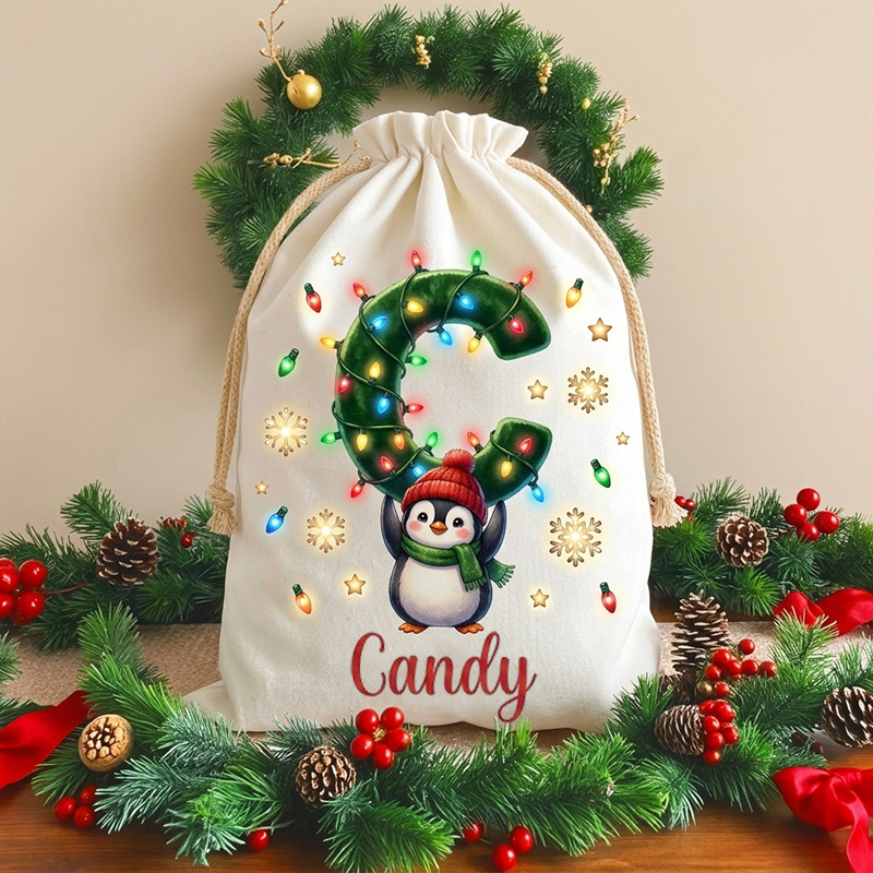 Personalized Christmas Gift Sack Custom Name Penguin Alphabet Santa Bag Holiday Present Storage For Kids
