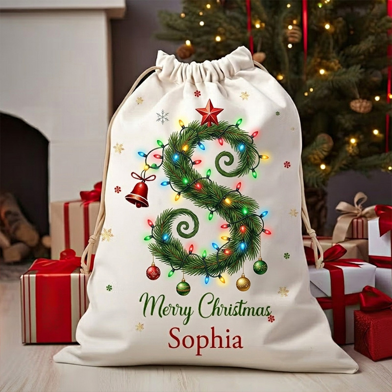 Personalized Christmas Gift Sack Custom Name Alphabet Tree Santa Bag Holiday Present Storage For Kids