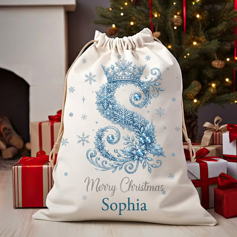 Personalized Christmas Gift Sack Custom Name Blue Snowflake Alphabet S