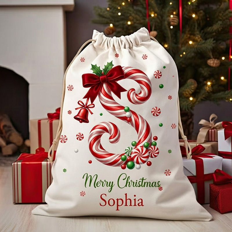 Personalized Christmas Gift Sack Custom Name Candy Cane Alphabet Santa Bag Holiday Present Storage