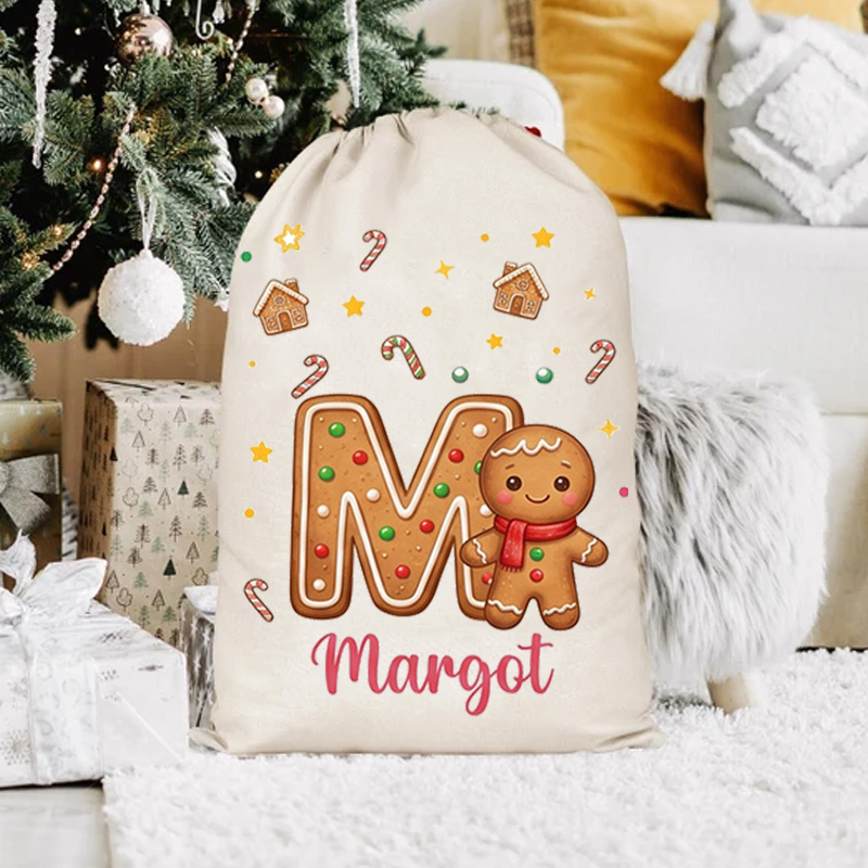 Personalized Christmas Gift Bags Custom Name Gingerbread Alphabet Santa Sack Holiday Present Storage