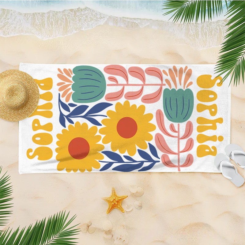 Personalized Yellow Floral Quick Dry Oversized Beach Towel with Name Summer Vacation Pool Party Gift for Kids