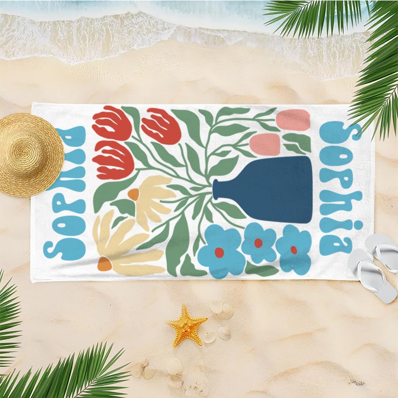 Personalized Blue Floral Quick Dry Oversized Beach Towel with Name Summer Vacation Pool Party Gift for Kids