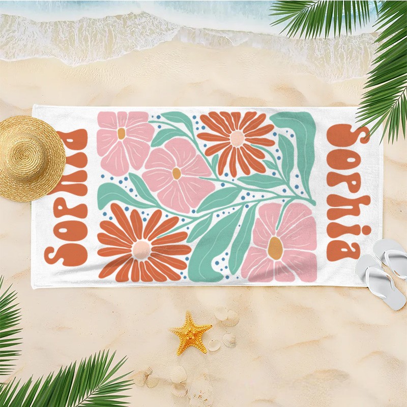 Personalized Pink Floral Quick Dry Oversized Beach Towel with Name Summer Vacation Pool Party Gift for Kids