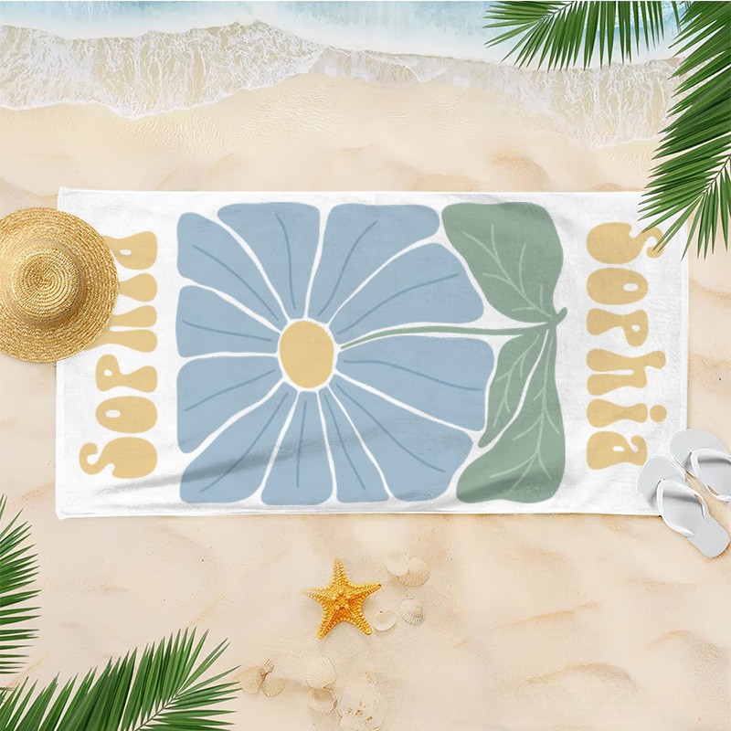 Personalized Blue Floral Quick Dry Oversized Beach Towel with Name Summer Vacation Pool Party Gifts for Kids