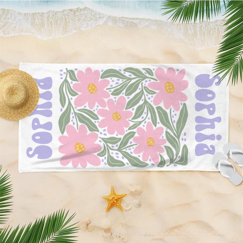 Personalized Pink Floral Quick Dry Oversized Beach Towel with Name Summer Vacation Pool Party Gifts for Kid