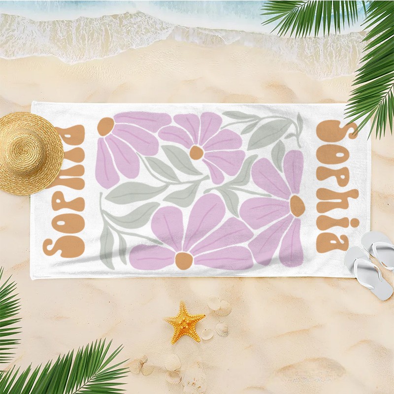 Personalized Purple Floral Quick Dry Oversized Beach Towel with Name Summer Vacation Pool Party Gifts for Kid