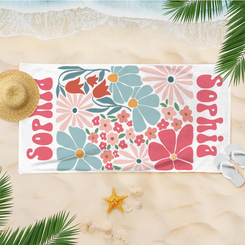 Personalized Floral Quick Dry Oversized Beach Towel with Name Summer Vacation Pool Party Gifts for Kid