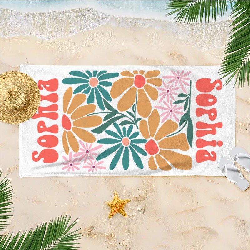 Personalized Orange Floral Quick Dry Oversized Beach Towel with Name Summer Vacation Pool Party Gifts for Kid