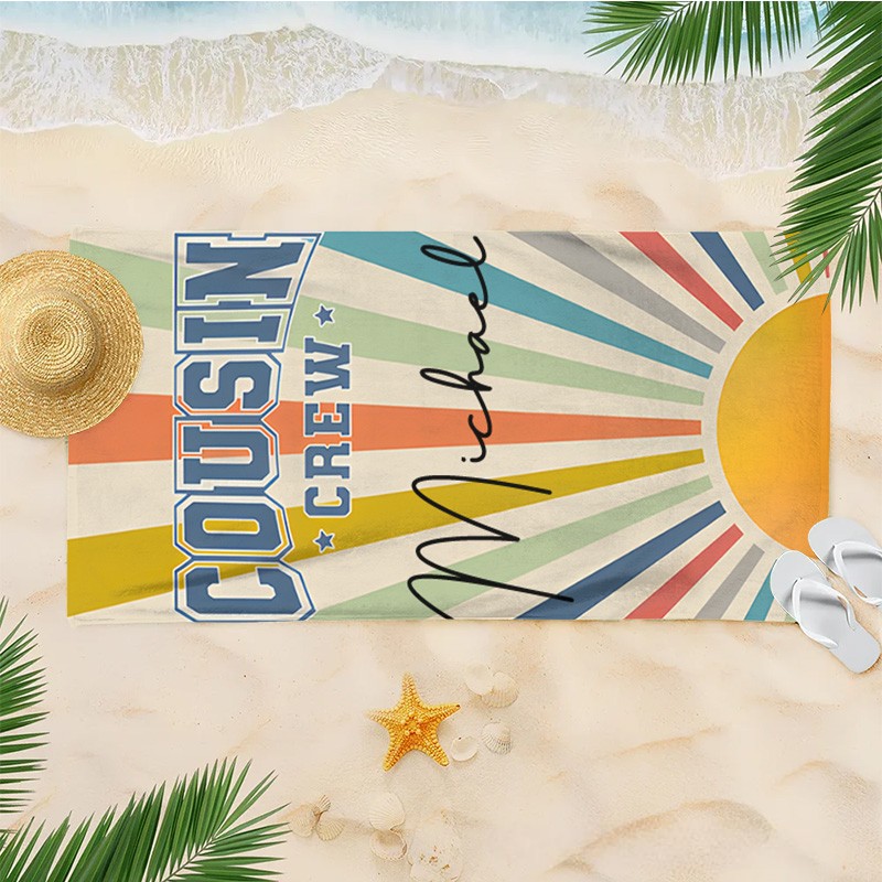 Personalized Cousin Crew Vintage Sunray Kids Beach Towel with Name Beach Party Travel Gift