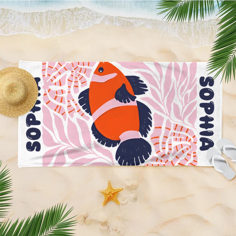 Personalized Red Fish Marine Life Art Illustration Kids Beach Towel with Name Summer Vacation Travel Gift for Kids