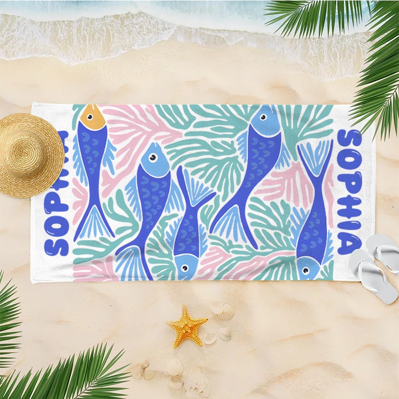 Personalized Fish Marine Life Art Illustration Kids Beach Towel with Name Summer Vacation Travel Gift for Kids