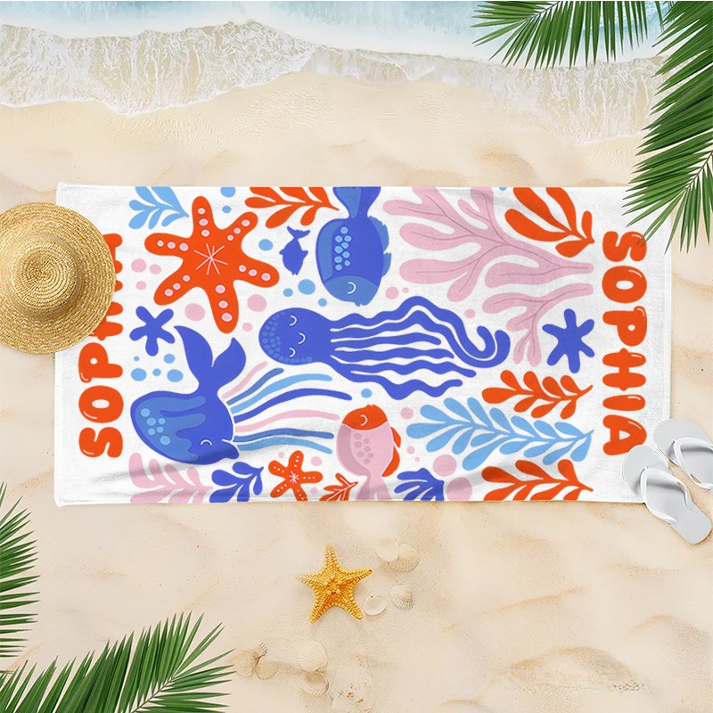 Personalized Marine Life Art Illustration Kids Beach Towel with Name Summer Vacation Travel Gift for Kids