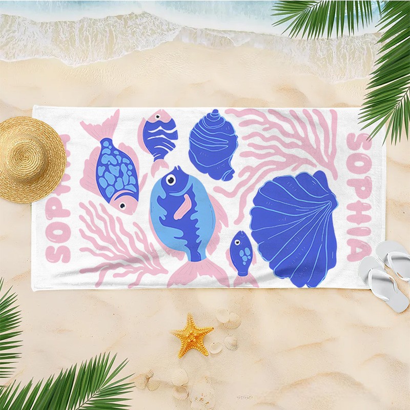 Personalized Fish Life Art Illustration Kids Beach Towel with Name Summer Vacation Travel Gift for Kids