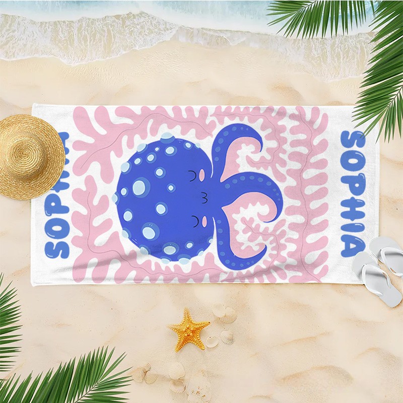 Personalized Octopus Life Art Illustration Kids Beach Towel with Name Summer Vacation Travel Gift for Kids