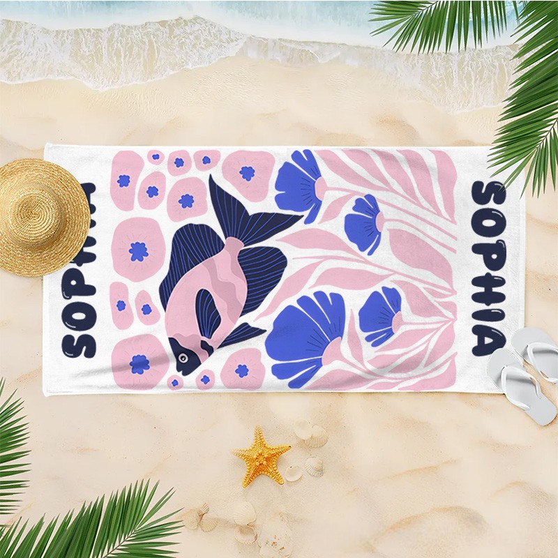Personalized Pink Fish Life Art Illustration Kids Beach Towel with Name Summer Vacation Travel Gift for Kids