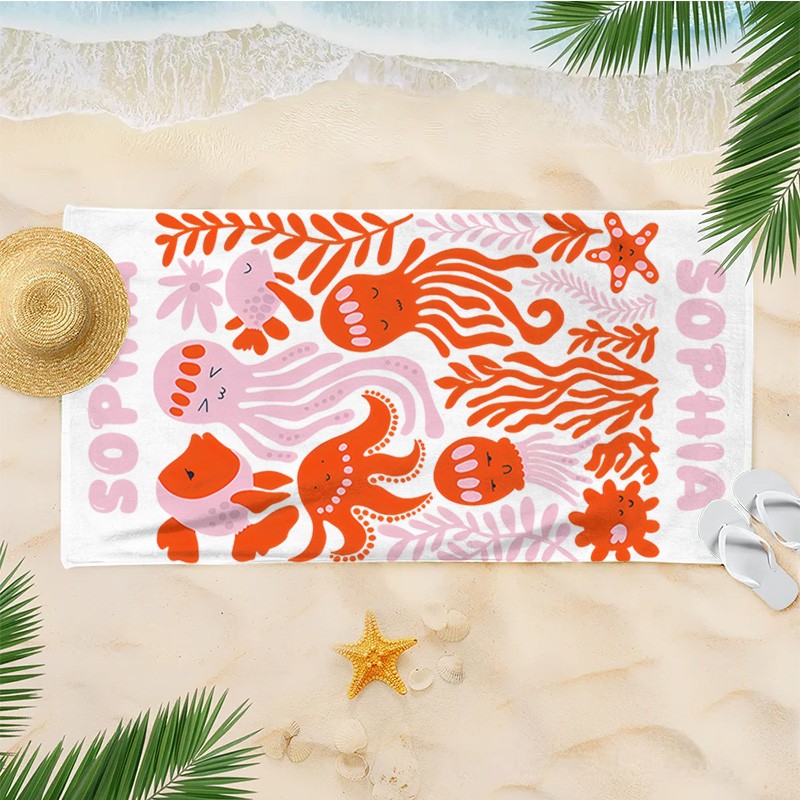 Personalized Pink Octopus Life Art Illustration Kids Beach Towel with Name Summer Vacation Travel Gift for Kids