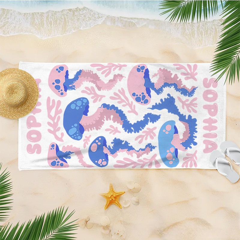 Personalized Jellyfish Life Art Illustration Kids Beach Towel with Name Summer Vacation Travel Gift for Kids