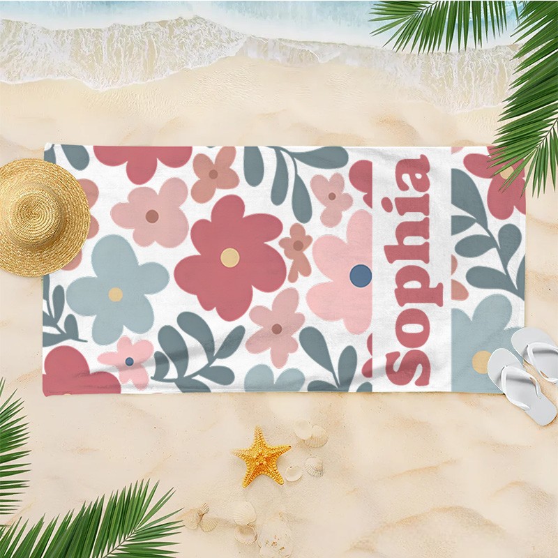 Personalized Red Danish Flower Kids Beach Towel with Name Beach Party Travel Birthday Gift for Kids