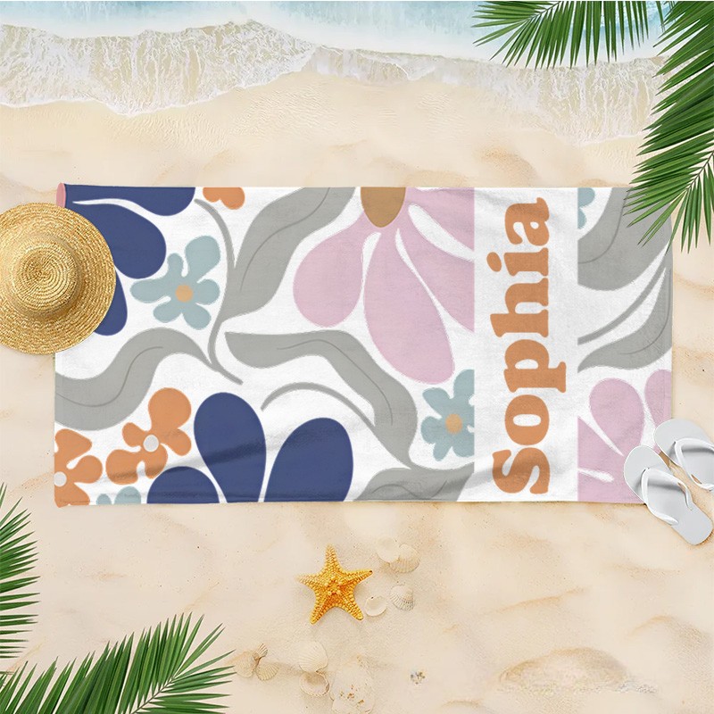 Personalized Navy Danish Flower Kids Beach Towel with Name Beach Party Travel Birthday Gift for Kids