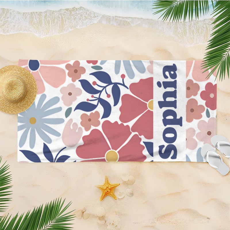 Personalized Pink Danish Flower Kids Beach Towel with Name Beach Party Travel Birthday Gift for Kids