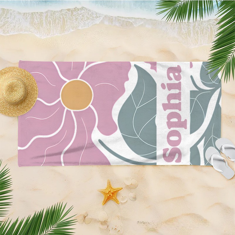 Personalized Purple Danish Flower Kids Beach Towel with Name Beach Party Travel Birthday Gift for Kids