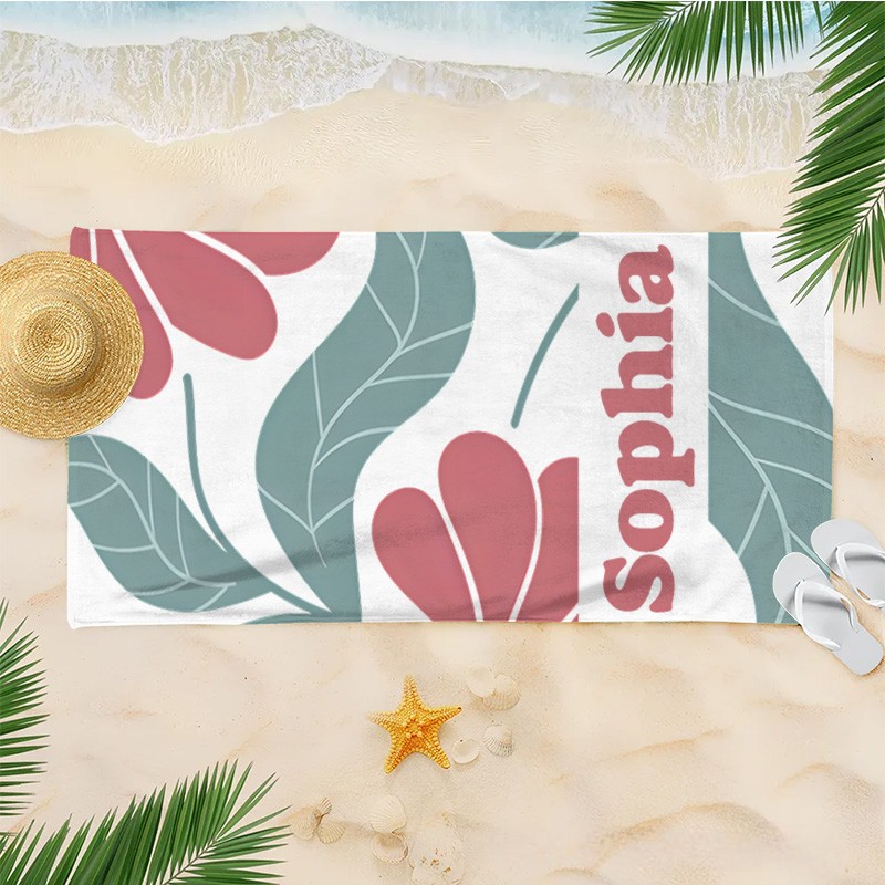 Personalized Red Danish Flower Kids Beach Towel with Name Beach Party Travel Birthday Gift for Kid