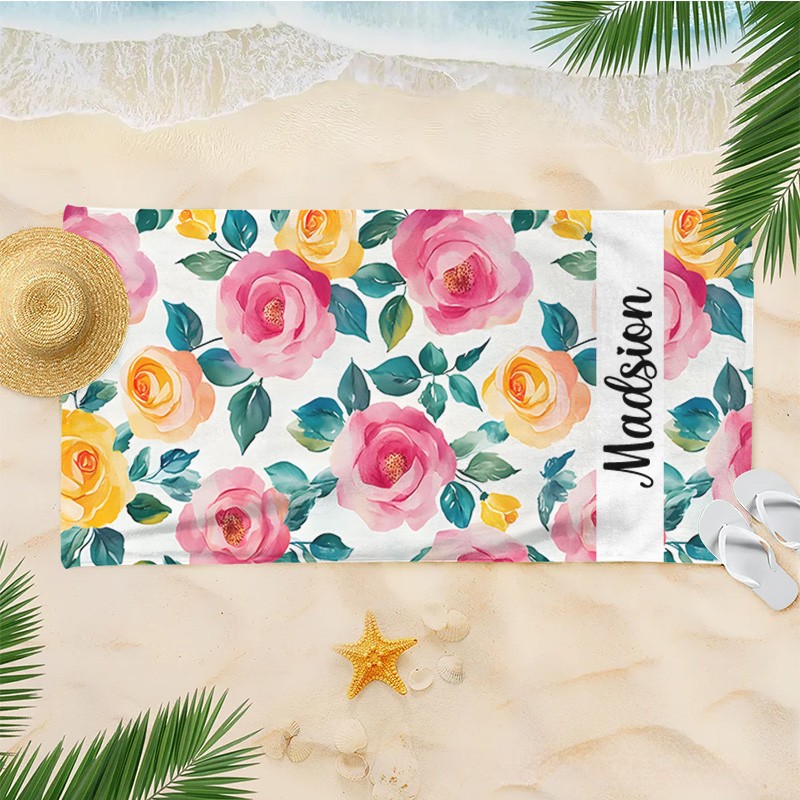 Personalized Pink Watercolor Floral Stripe Kids Beach Towel with Name Beach Party Summer Vacation Gift for Kids