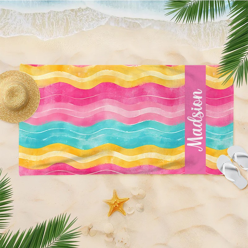 Personalized Watercolor Floral Pink and Yellow Stripe Kids Beach Towel with Name Beach Party Summer Vacation Gift for Kids