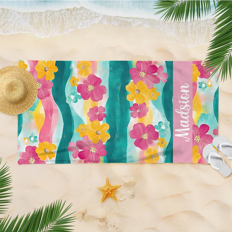 Personalized Pink and Yellow Watercolor Floral  Stripe Kids Beach Towel with Name Beach Party Summer Vacation Gift for Kids