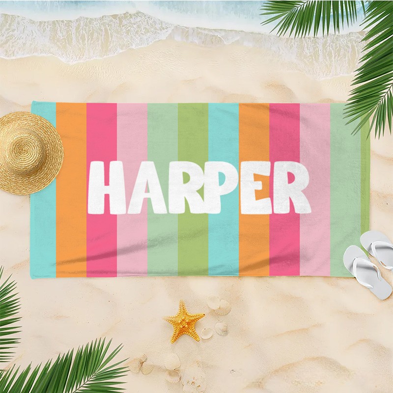Personalized Colorful Stripe Kids Beach Towel with Name Travel Essentials Summer Holiday Party Gift for Kids