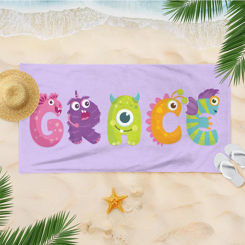 Personalized Multicolor Cartoon Monster Kids with Name Beach Towel Travel Essential Birthday Children's Day Gift for Kids